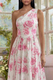 Vestido Midi de A Line con Flor Fucsia Blanca Estampado en un solo hombro