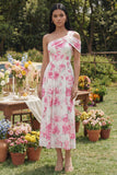 Vestido Midi de línea blanca con flor fucsia de un solo hombro