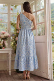 Vestido Midi de Una Línea A de Flor Azul Flor Jacquard con volantes