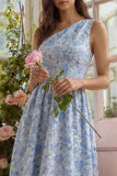 Vestido Midi de Una Línea A de Flor Azul Flor Jacquard con volantes