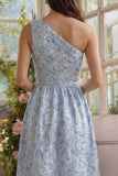 Vestido Midi de Una Línea A de Flor Azul Flor Jacquard con volantes