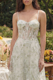 Corsé apliqueado verde claro con tirantes finos Un vestido Midi de línea