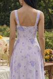 Vestido Midi de gasa A Line con escote cuadrado estampado lila