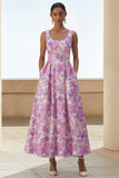 Vestido Midi de A Line con estampado de flor lila y cuello cuadrado