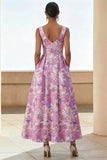 Vestido Midi de A Line con estampado de flor lila y cuello cuadrado