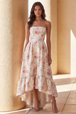 Vestido Midi sin tirantes de línea A con tirantes y flor rosa blanca estampada con volantes