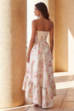 Vestido Midi sin tirantes de línea A con tirantes y flor rosa blanca estampada con volantes