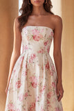 Vestido Midi sin tirantes de línea A con tirantes y flor rosa blanca estampada con volantes
