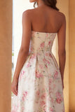 Vestido Midi sin tirantes de línea A con tirantes y flor rosa blanca estampada con volantes
