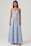 Vestido Midi de Corsé Jacquard azul sin tirantes A Line