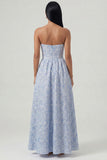 Vestido Midi de Corsé Jacquard azul sin tirantes A Line