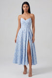 Vestido Midi azul Jacquard sin tirantes con línea A y abertura
