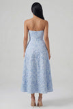 Vestido Midi azul Jacquard sin tirantes con línea A y abertura