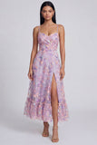 Tirantes finos con flor de lila y tirantes finos, vestido midi en línea con abertura