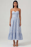 Corsé azul Jacquard Strapless Vestido Midi de línea A con volantes