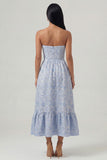 Corsé azul Jacquard Strapless Vestido Midi de línea A con volantes