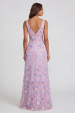 Vestido Midi de A Line con Alip de Flor Lila y Escote en V