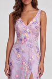 Vestido Midi de A Line con Alip de Flor Lila y Escote en V
