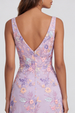Vestido Midi de A Line con Alip de Flor Lila y Escote en V