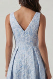 Vestido azul Jacquard de cuello en V con frunces A Line