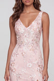 Vestido midi rosa brillante con escote en V y escote en V con abertura