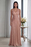 Vestido formal largo plisado de cuello en V rosa polvoriento