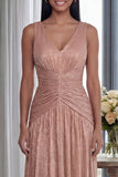 Vestido formal largo plisado de cuello en V rosa polvoriento