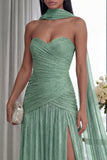 Vestido formal largo plisado y con abertura Dusty Sage Sage