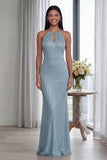 Vestido formal largo de vaina azul cielo con capestro