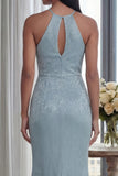Vestido formal largo de vaina azul cielo con capestro