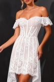 Corsé de encaje blanco de hombros descubiertos Vestido de novia High-Low A Line