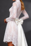 Vestido de novia de manga larga de manga alta y baja de encaje blanco con lazo