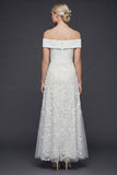 Vestido de novia largo de línea A blanco con hombros descubiertos