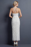 Vestido de novia largo blanco con volantes con halteros y funda
