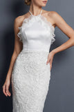 Vestido de novia largo blanco con volantes con halteros y funda