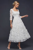 Vestido de novia maxi bohemio con cuello cuadrado blanco blanco con brillantes contas