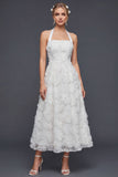 Vestido largo de novia Halter A Line Flores 3D Blancas
