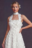 Vestido de novia con corte de corte blanco con líneas largas y flores 3D