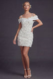 Vestido de novia corto blanco de hombros fríos Bodycon flores 3D
