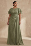 Vestido de Madre de la Novia de talla grande de una línea de escote barco de salvia polvoriento con mangas rúbladas