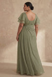 Vestido de Madre de la Novia de talla grande de una línea de escote barco de salvia polvoriento con mangas rúbladas