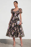 Vestido Midi Multifloral de la Línea A con mangas abullonadas