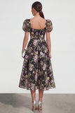 Vestido Midi Multifloral de la Línea A con mangas abullonadas