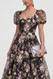 Vestido Midi Multifloral de la Línea A con mangas abullonadas