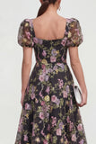 Vestido Midi Multifloral de la Línea A con mangas abullonadas