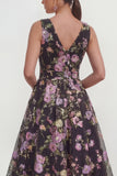 Vestido midi negro de cuello en V con lazo y lazo