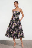 Vestido Midi sin tirantes de A Line Black Pink Pink Flower con bolsillos