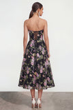 Vestido Midi sin tirantes de A Line Black Pink Pink Flower con bolsillos