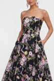 Vestido Midi sin tirantes de A Line Black Pink Pink Flower con bolsillos