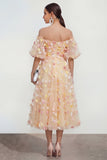 Vestido floral midi Champán Champán A Línea 3D Flores con Aplique